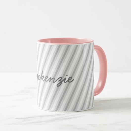 Mug Fun Soft Grey sur les rayures blanches avec nom (Devant droit)