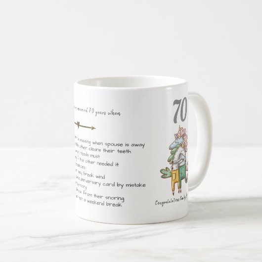 Mug FUNNY 70e anniversaire Mariage Unicornes Customisé (Devant droit)