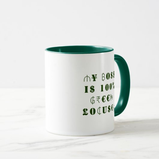 Mug Funny Boss devises internationales argent en vert (Devant droit)