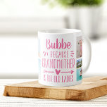 Mug Funny Bubbe Grandchildren Noms et collection photo<br><div class="desc">Un cadeau parfait pour une grand-mère qui déteste être appelée grand-mère, cette mignonne et drôle tasse Bubbe présente le dicton "Bubbe - parce que grand-mère est pour vieilles dames" dans un collage de cinq photos de ses petits-enfants. Personnalisez avec un message personnalisé, les noms des petits-enfants, et/ou l'année sur un...</div>