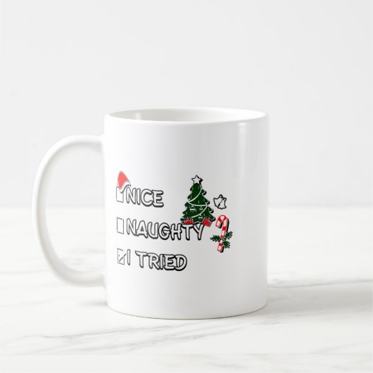 Mug Funny Christmas Pajama Lights Nice Naughty I Tried (Gauche)