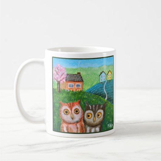 Mug Funny Cute Owls Folk Art Country Landscape Hills (Gauche)