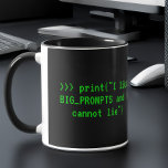 Mug Funny Python Developer<br><div class="desc">Réveillez-vous, brassez-vous et imprimez votre personnalité - littéralement. Cette tasse en céramique à accent noir livre de la caféine et du code dans la même mesure, avec l'instruction Python >>> print("J'aime BIG_PROMPTS et je ne peux pas mentir") dans la police de terminal vert rétro. Conçu pour les ingénieurs prompts, les...</div>