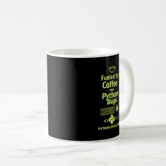 Mug Funny Python Developer – Fueled by Coffee bugs  (Devant droit)