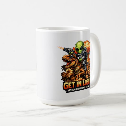 Mug Funny Sci-Fi Fantasy Meme Art, Alien Riding Dinosa (Devant droit)