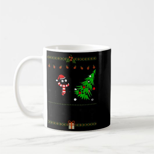 Mug Funny Xmas Black Cat Pushing Christmas Tree Over C (Gauche)