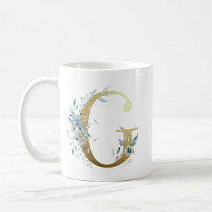 Mug G initial doré avec feuillage floral bleu