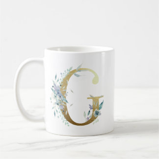 Mug G initial doré avec feuillage floral bleu
