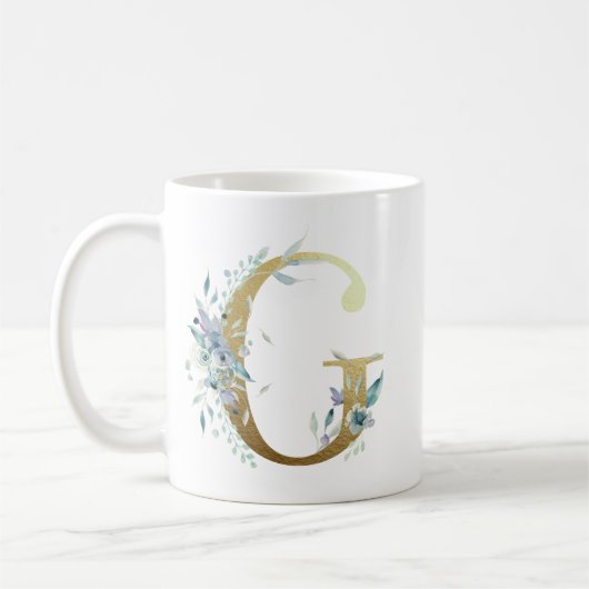 Mug G initial doré avec feuillage floral bleu (Gauche)
