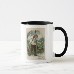 Mug Garçon avec le panier d'oeuf de pâques tenant