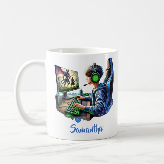 Mug Garçon jouant à des jeux vidéo avec des écouteurs (Gauche)