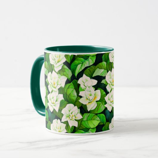 Mug Gardenias blanches et Feuilles verts de Jade (Devant gauche)
