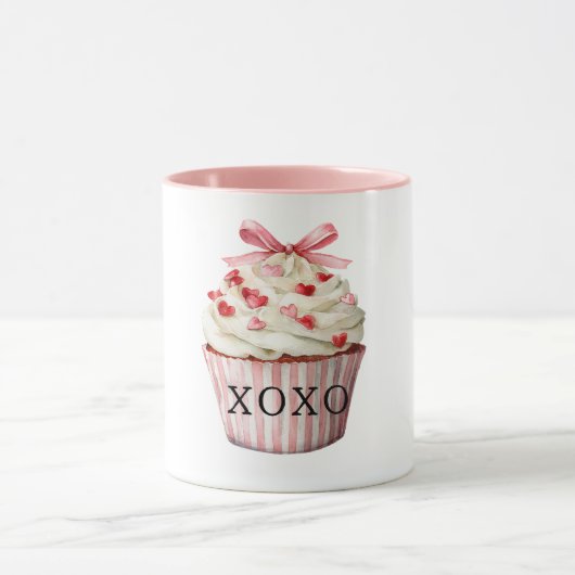Mug Gâteau d'anniversaire Cupcake Cœurs Rouges Nœud Ro (Centre)