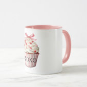 Mug Gâteau d'anniversaire Cupcake Cœurs Rouges Nœud Ro (Devant droit)