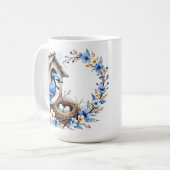 Mug Geai bleu sur nichoir – Illustration florale paste (Devant gauche)