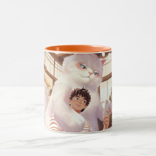 Mug Géant Fluffy : Selfie de chat blanc au café rétro (Centre)