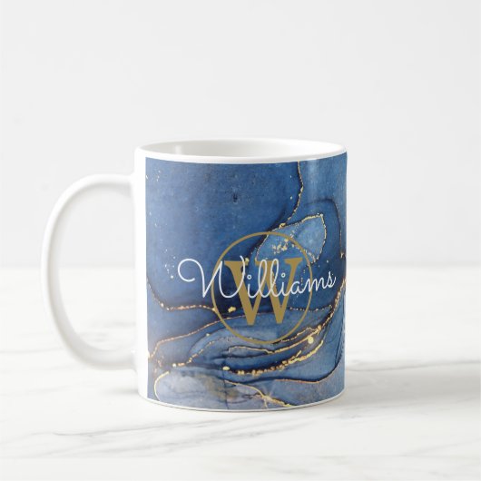 Mug Géode d'agate bleue Monogramme Or Nom en écriture (Gauche)