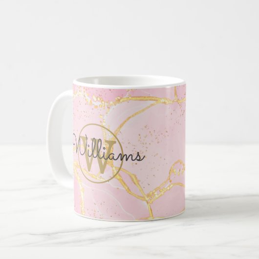 Mug Géode d'agate rose Monogramme Or Nom de script (Devant gauche)