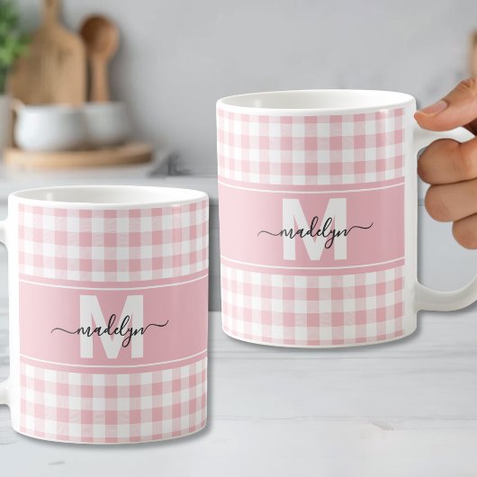 Mug Gingham à carreaux rose blush Monogramme