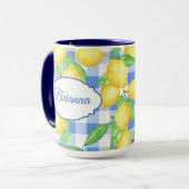 Mug gingham bleu et blanc avec impression de citro (Devant gauche)