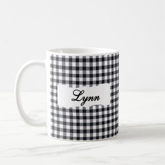 Mug Gingham Noir Classique Nom Personnalisé (Gauche)