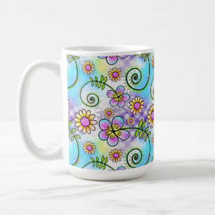 Mug Gingham violet avec fleurs et vignes dessinées à l