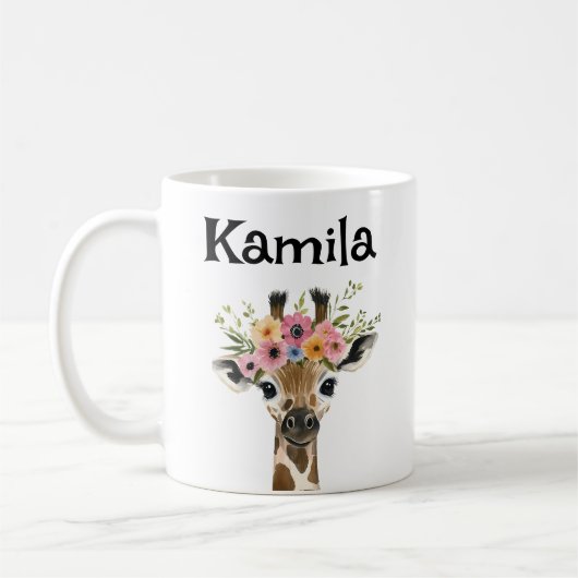 Mug Girafe bébé personnalisée avec couronne fleurie (Gauche)