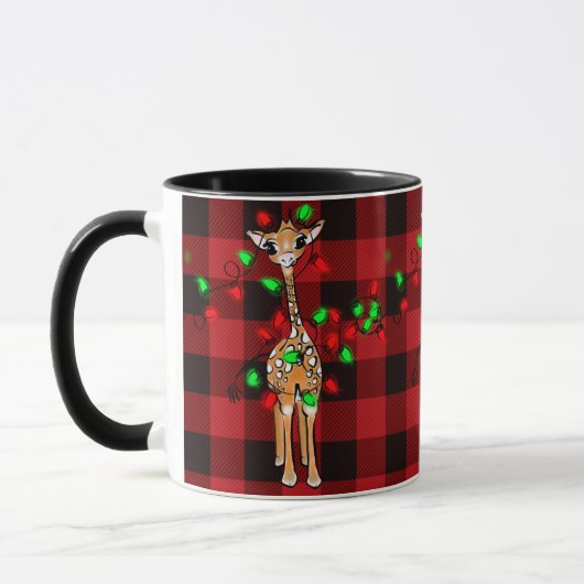 Mug Giraffe de vacances, tartan rouge, lumières scinti (Gauche)