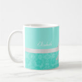 Mug Girl Aqua Turquoise Damask Ruban blanc avec nom (Gauche)