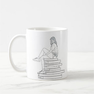 Mug Girl on Books Line Art