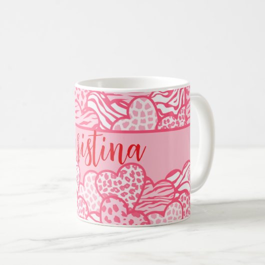 Mug Girly Blush Rose mignon Animal Imprimer Coeurs Nom (Devant droit)