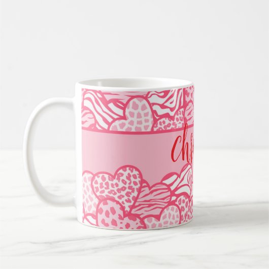 Mug Girly Blush Rose mignon Animal Imprimer Coeurs Nom (Gauche)