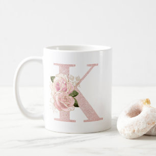 Mug Girly Rose Gold Pâle Pailleté Monogramme Floral K