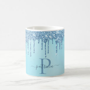 Mug Glam Bleu Glitter Gouttes Élégant Monogramme 