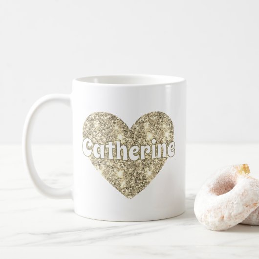Mug Glamour Fille Dorée Paillettes Coeur Nom (Avec donut)