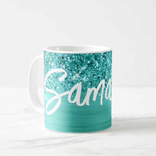 Mug Glittery Turquoise Turquoise Brush Nom du script (Devant gauche)