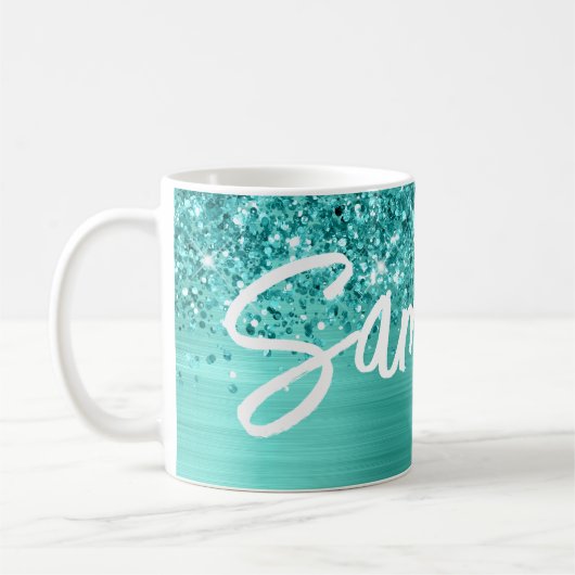 Mug Glittery Turquoise Turquoise Brush Nom du script (Gauche)