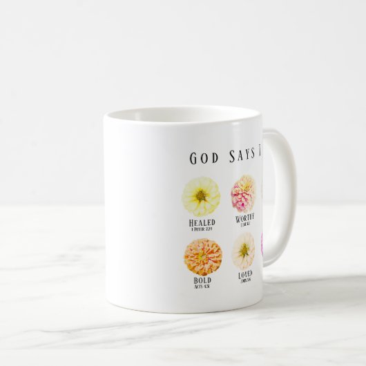 Mug God Says I Am Affirmation Scripture Pastel Floral (Devant droit)