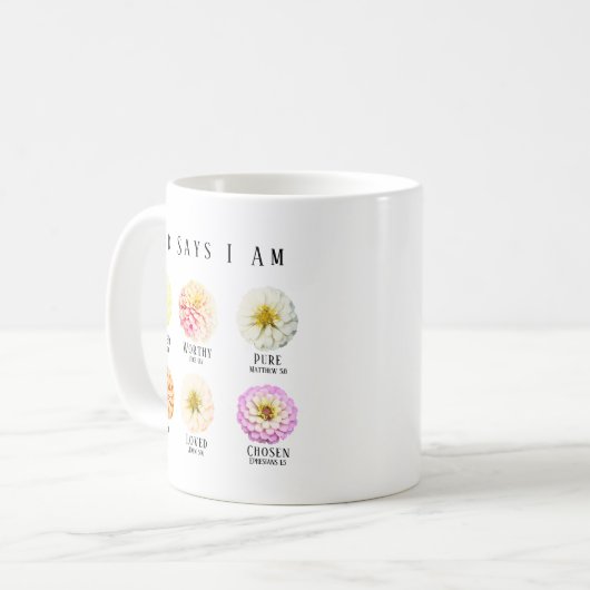 Mug God Says I Am Affirmation Scripture Pastel Floral (Devant gauche)