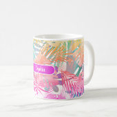 Mug Gold Blue Turquoise & Pink Tropical Feuilles, Nom  (Devant droit)