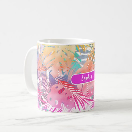 Mug Gold Blue Turquoise & Pink Tropical Feuilles, Nom  (Devant gauche)