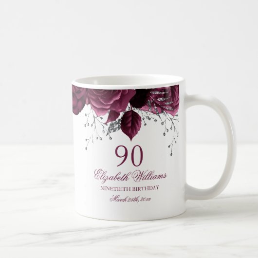 Mug Gold Burgundy Floral Rose 90e Anniversaire (Droite)