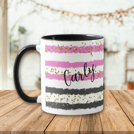 Mug Gold Confetti Rose Black Stripes Nom