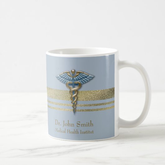 Mug Gold Faux Foil Stripes Médicale Bleu clair Caduceu (Droite)