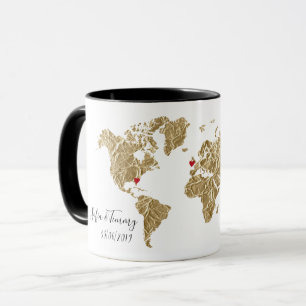 Mug Gold Foil World Map avec des couples de coeurs amo