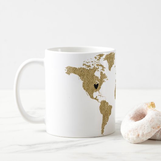 Mug Gold Foil World Map Custom Moveable Heart Location (Avec donut)
