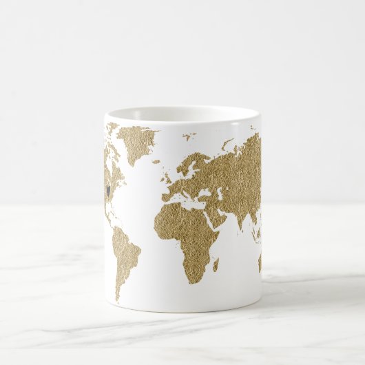 Mug Gold Foil World Map Custom Moveable Heart Location (Centre)