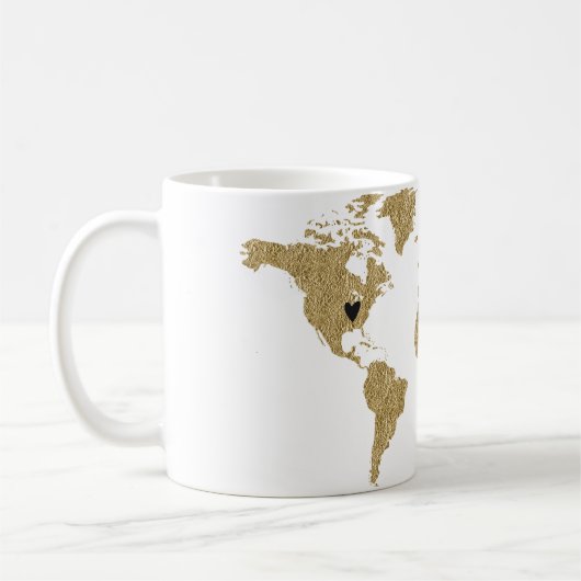 Mug Gold Foil World Map Custom Moveable Heart Location (Gauche)