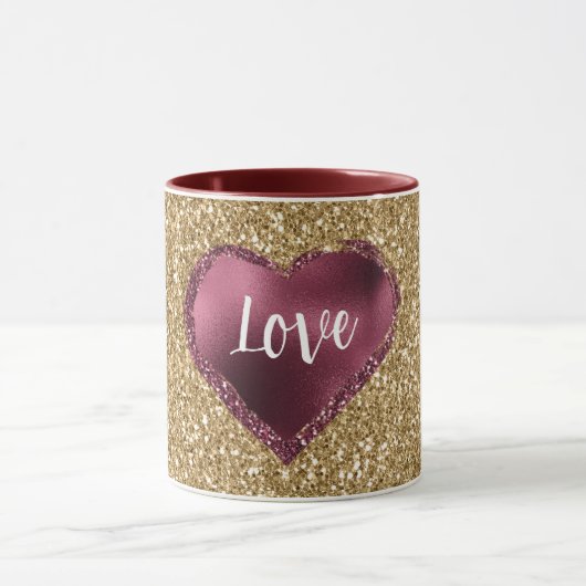Mug Gold Glitter Burgundy Red Heart Love (Centre)