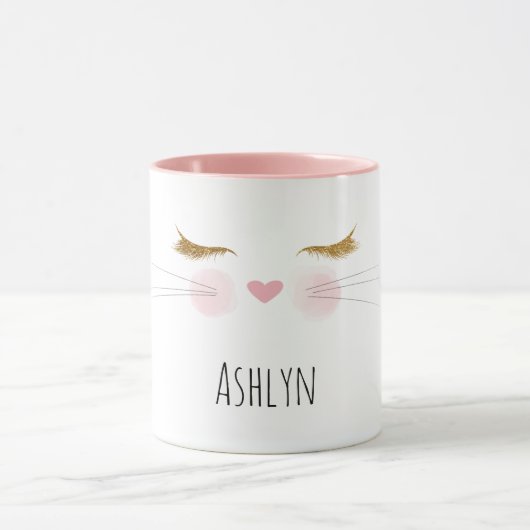 Mug Gold Glitter Eyelashes Pink Nose Kitty Cat Face (Centre)